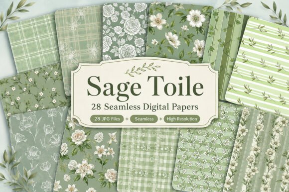 Download Sage Toile Digital Paper Pack, Vintage - Vintage Collection