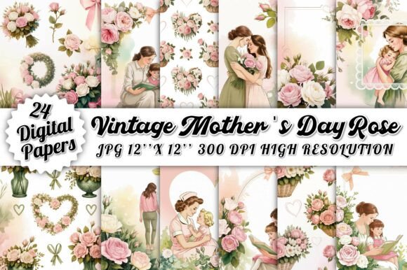 Download Vintage Mother's Day Rose Digital Paper - Vintage Collection